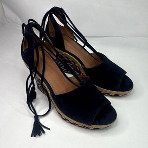 Cabi Isla Navy Blue Suede Tassel Ankle Lace Espadrille Wedge Sandals Womens